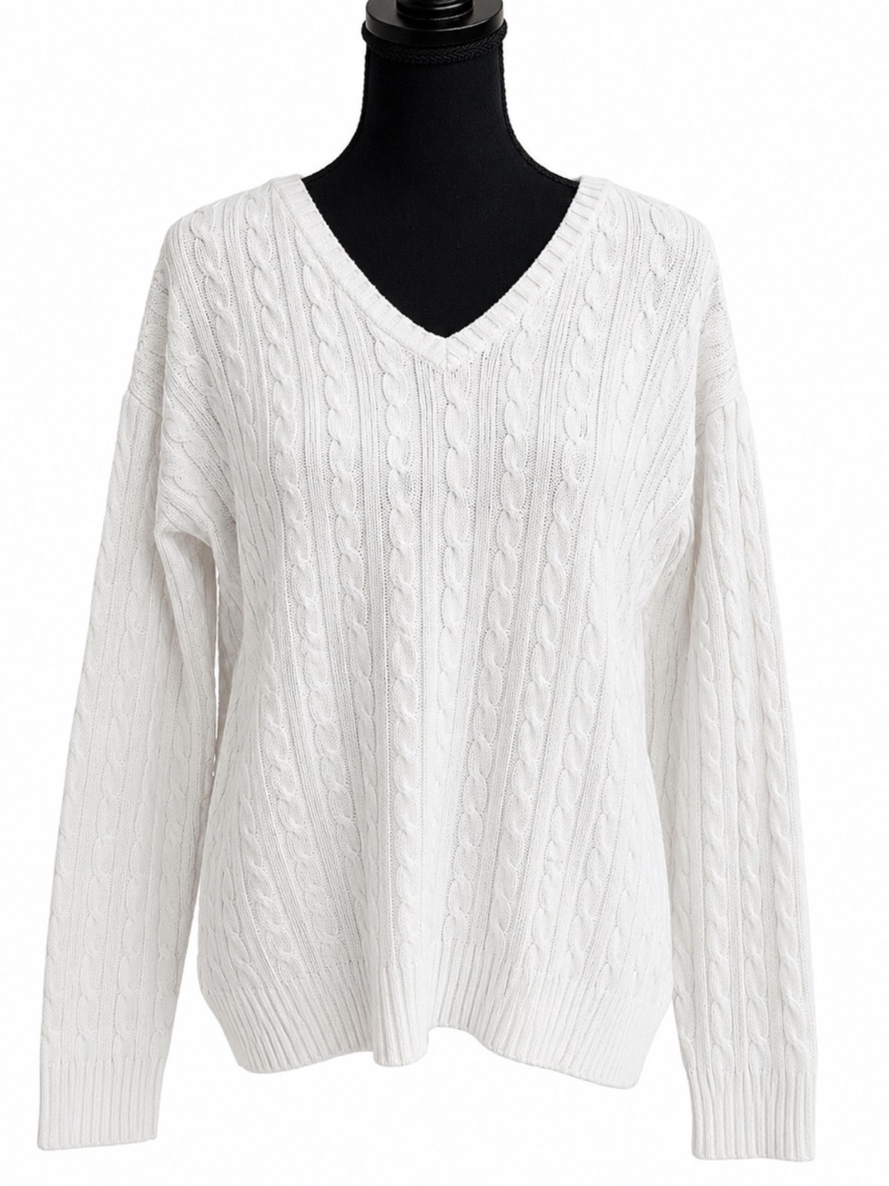Claiborne White Cable Knit Crest V-Neck Sweater XL Cotton
